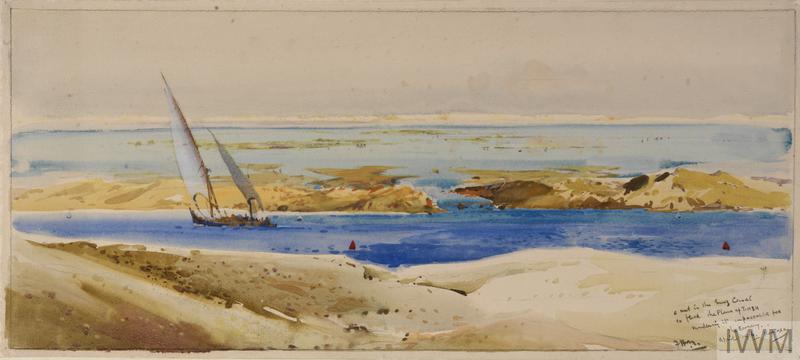 Aquarelle de Frank Mason,  « Kantara : a cut in the Suez Canal to flood the Plain of Tinch, rendering it impassable for the enemy. April 1916 », © IWM (Art.IWM ART 2835)